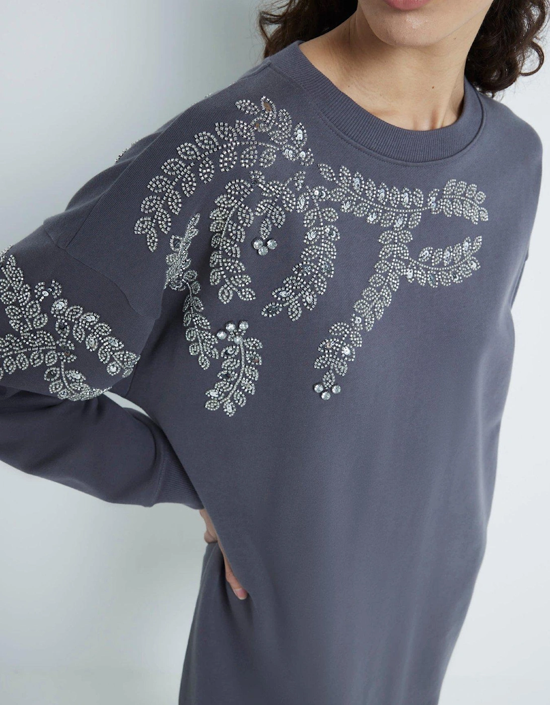 Washed Embellished Leaf Sweat Dress - Dark Grey