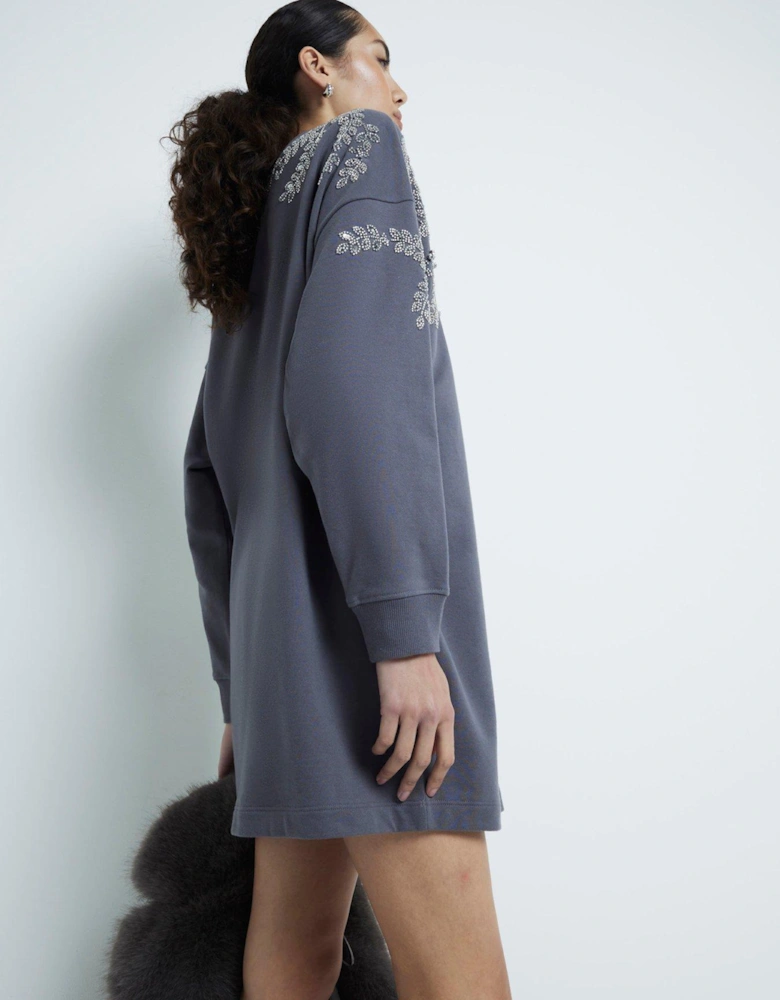 Washed Embellished Leaf Sweat Dress - Dark Grey