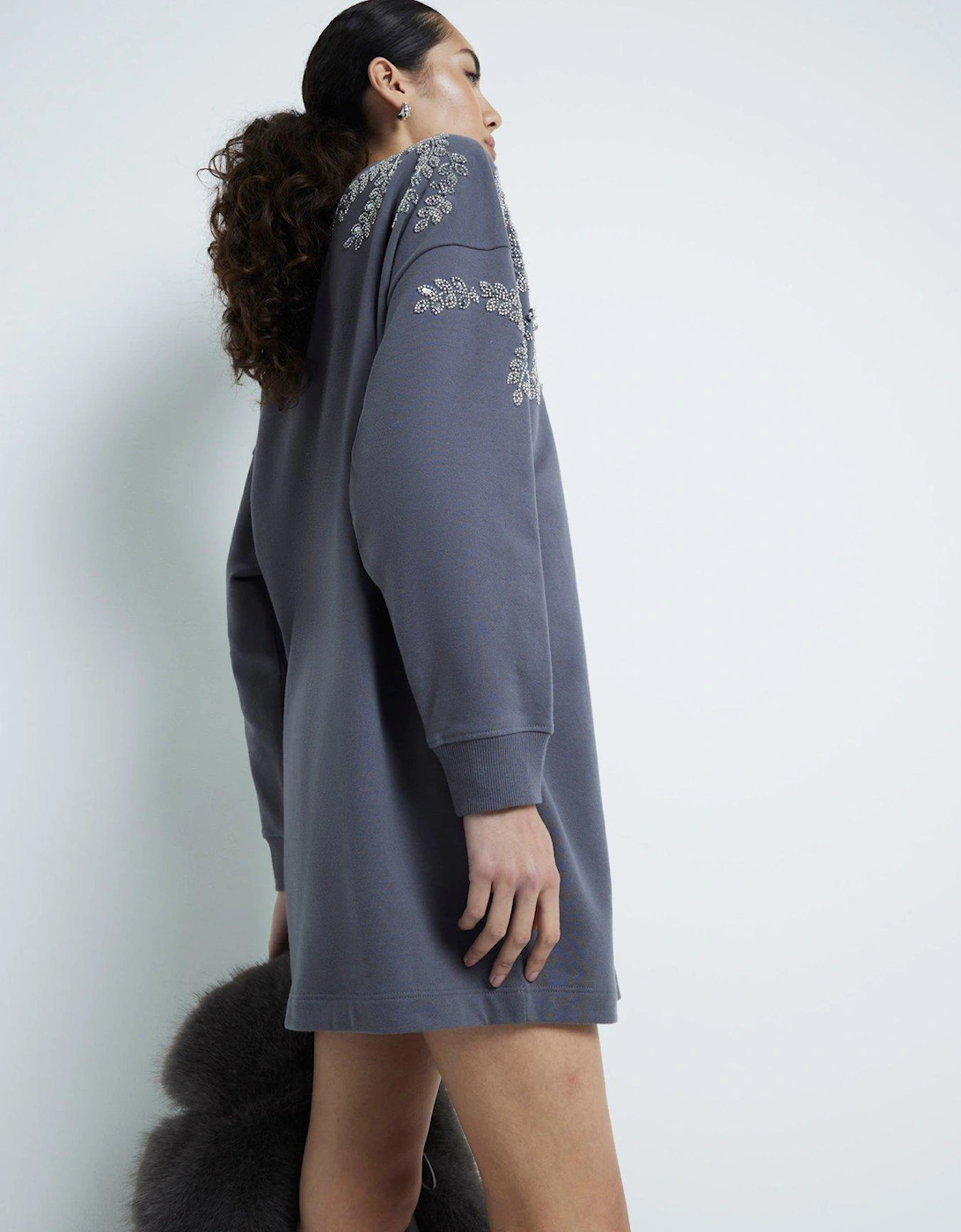 Washed Embellished Leaf Sweat Dress - Dark Grey