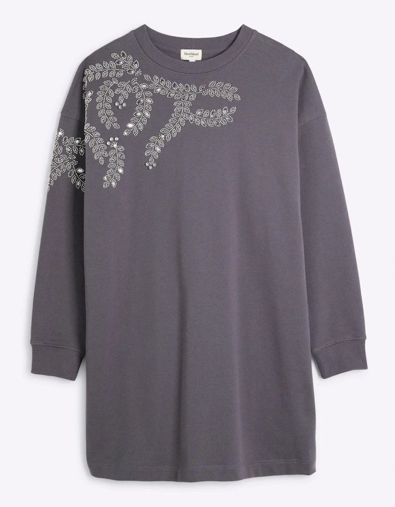 Washed Embellished Leaf Sweat Dress - Dark Grey