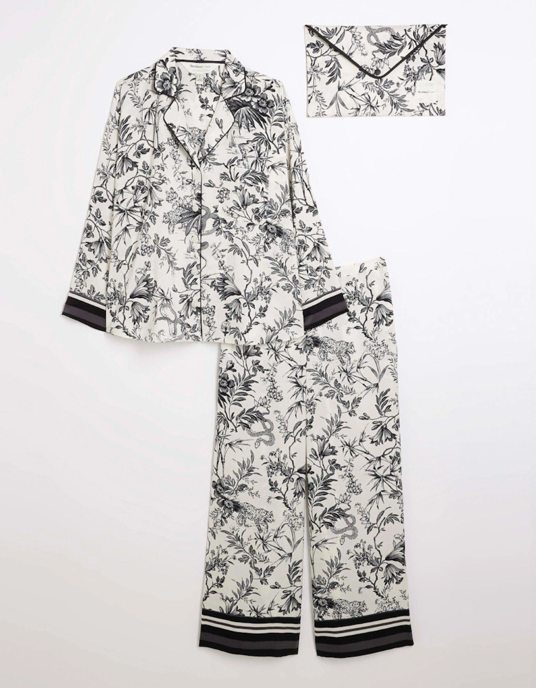 Printed Satin Pj Set In A Bag - Black