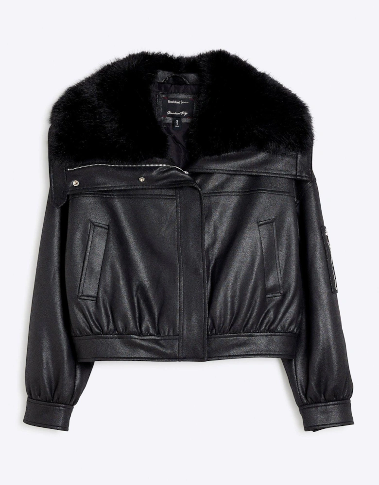 Wide Faux Fur Collar PU Bomber - Black