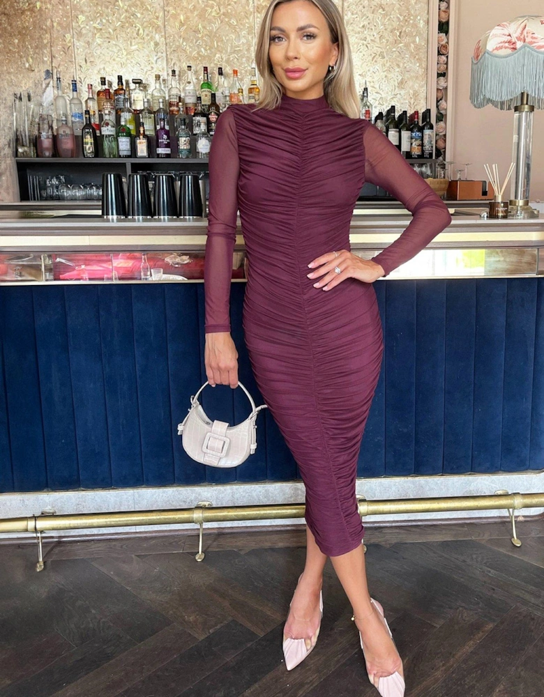 Plum High Neck Long Sleeve Ruched Bodycon Mesh Midi Dress - Purple