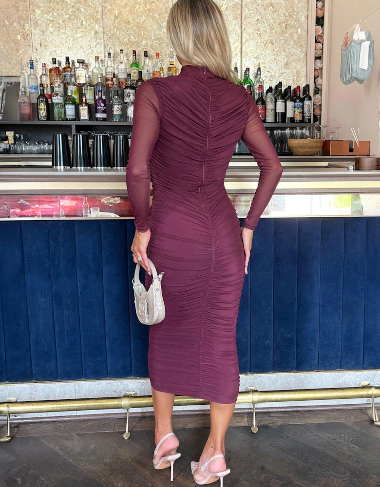 Plum High Neck Long Sleeve Ruched Bodycon Mesh Midi Dress - Purple