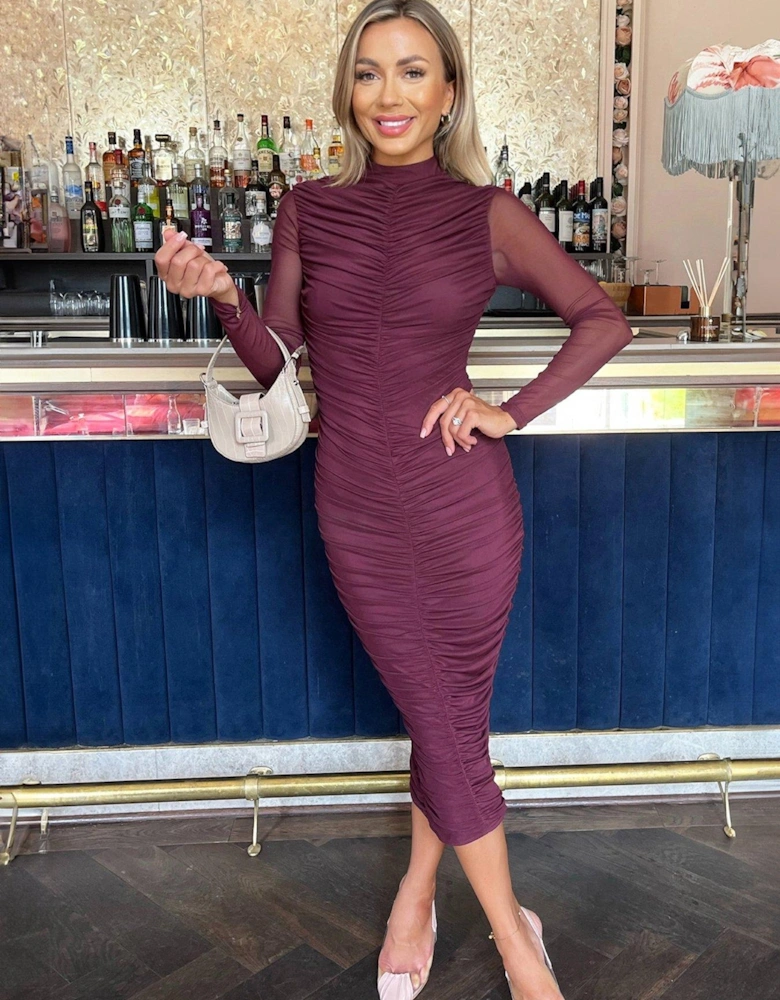 Plum High Neck Long Sleeve Ruched Bodycon Mesh Midi Dress - Purple