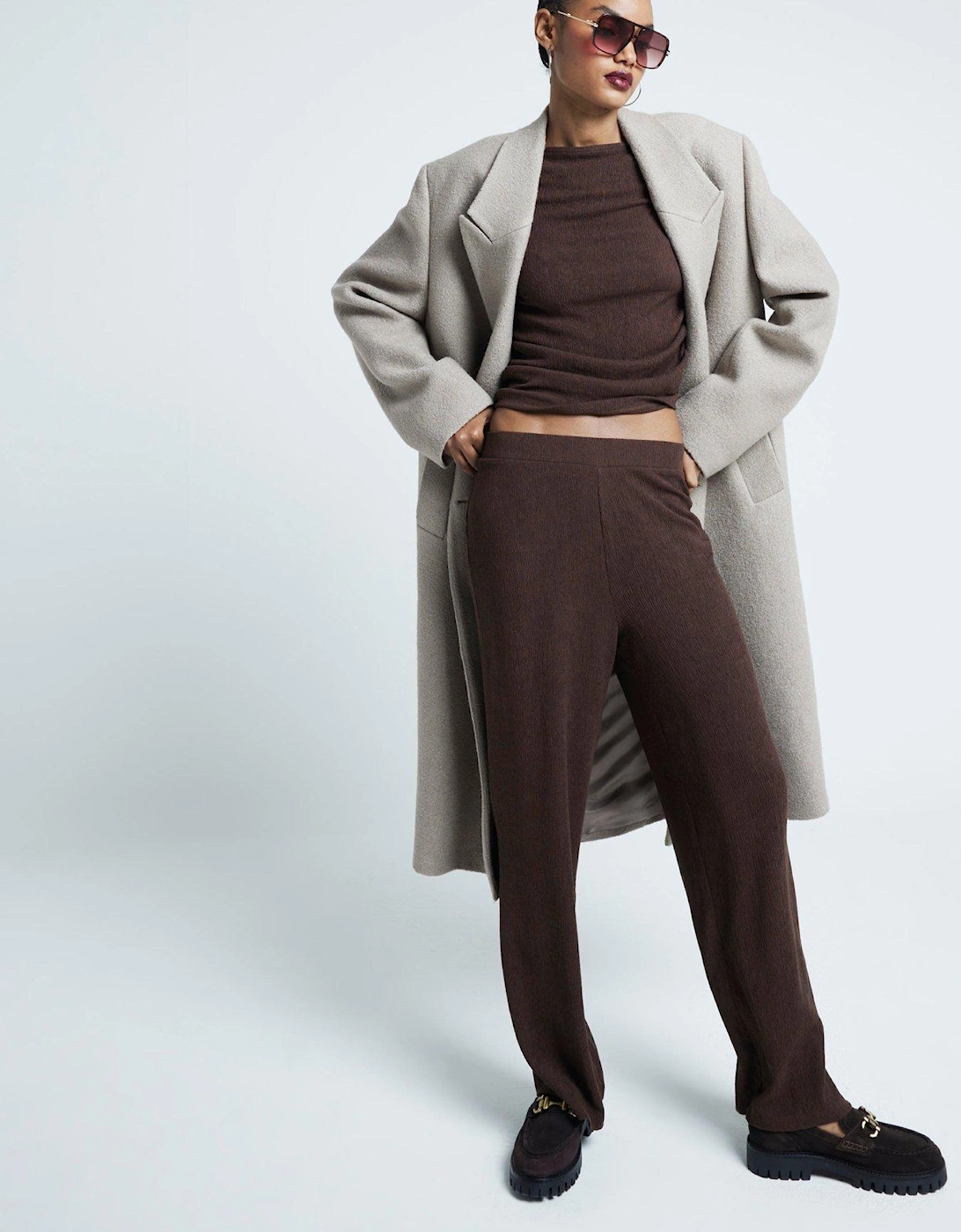 Textured Wide Leg Trouser - Dark Brown