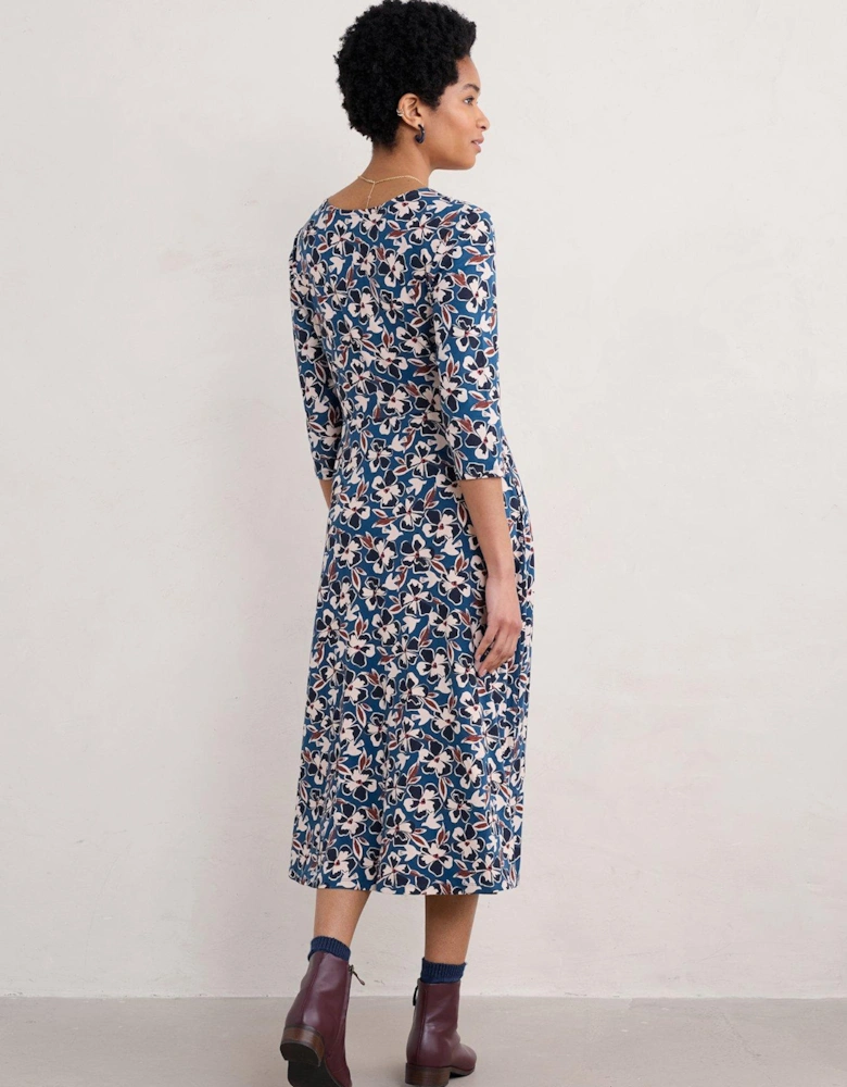 Cotton Rich V Neck Midi Dress - Blue