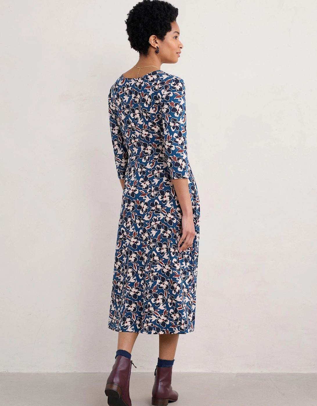 Cotton Rich V Neck Midi Dress - Blue