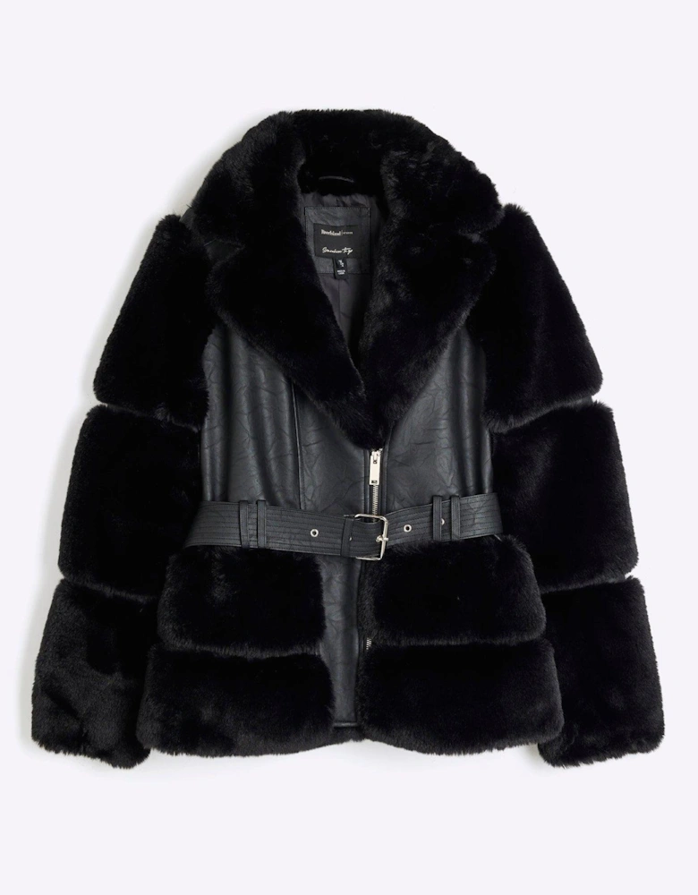 Belted Faux Fur Biker Jacket - Black