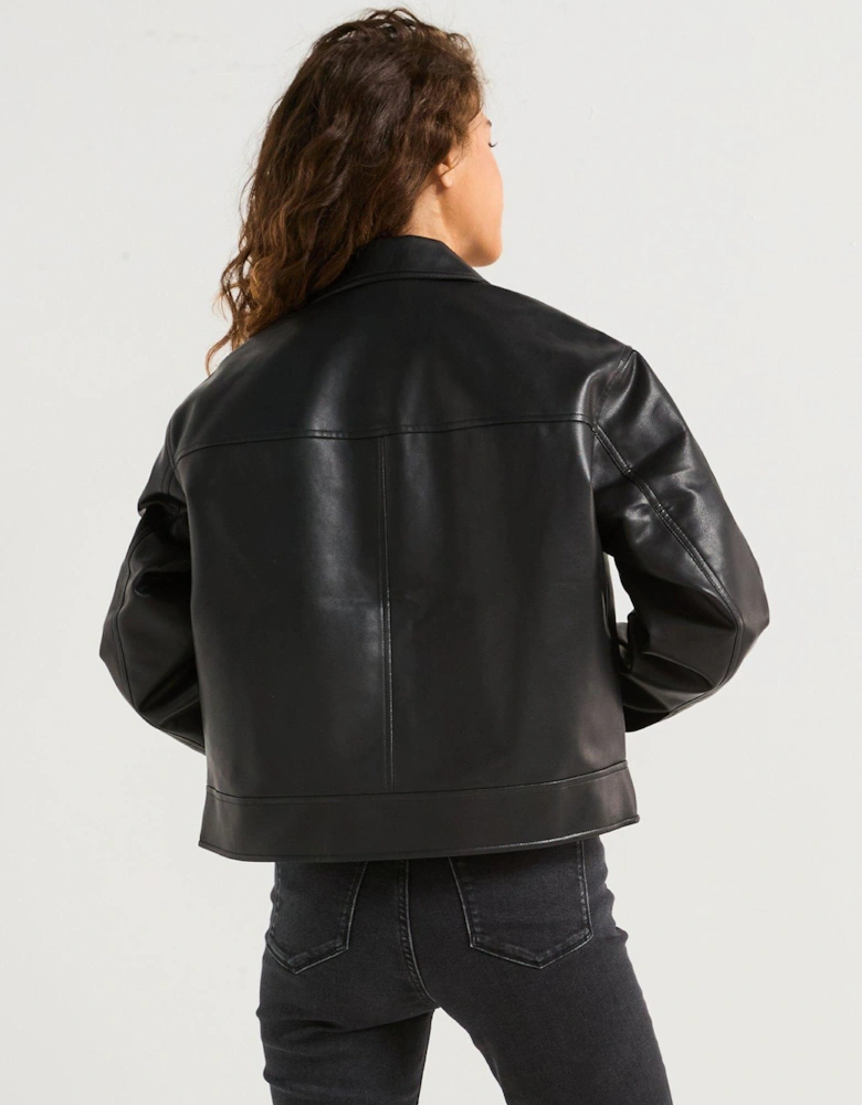 Faux Leather Zipped Jacket - Black