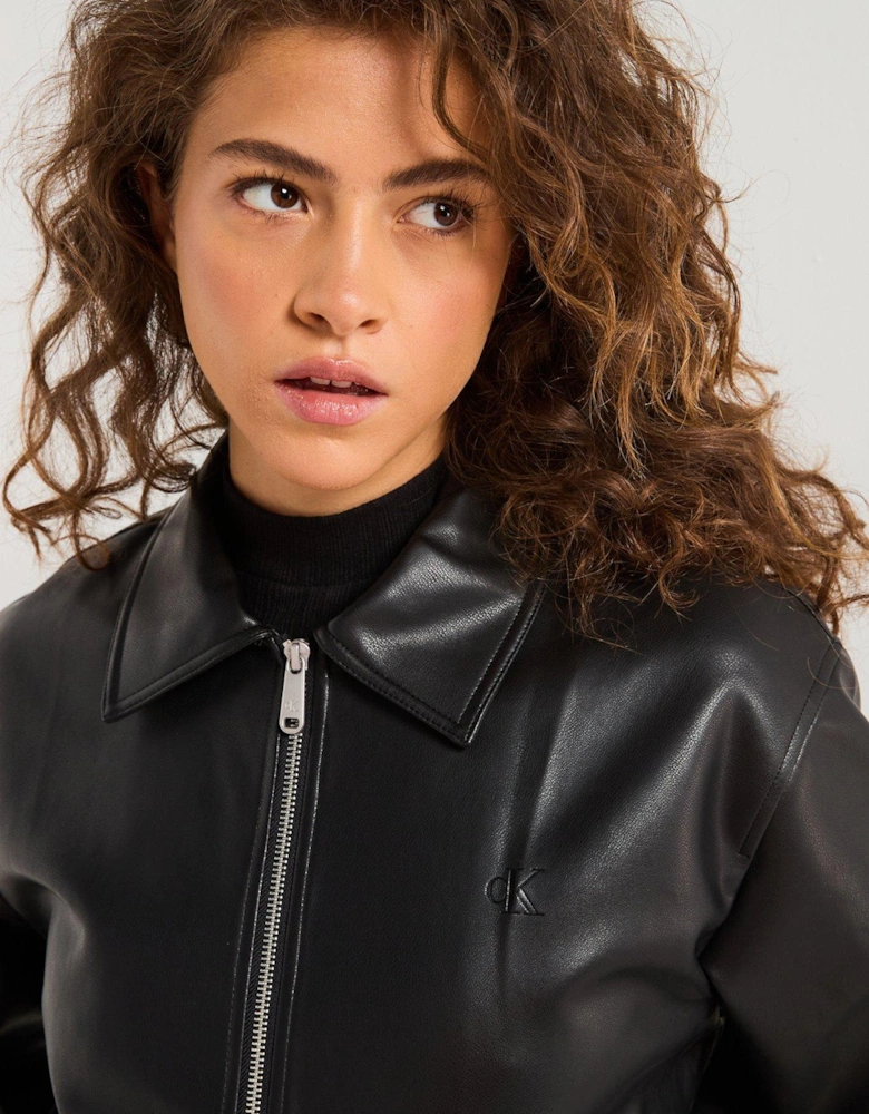 Faux Leather Zipped Jacket - Black