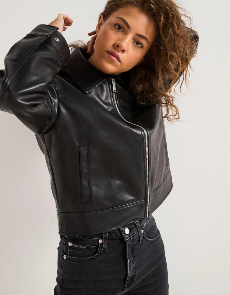 Faux Leather Zipped Jacket - Black