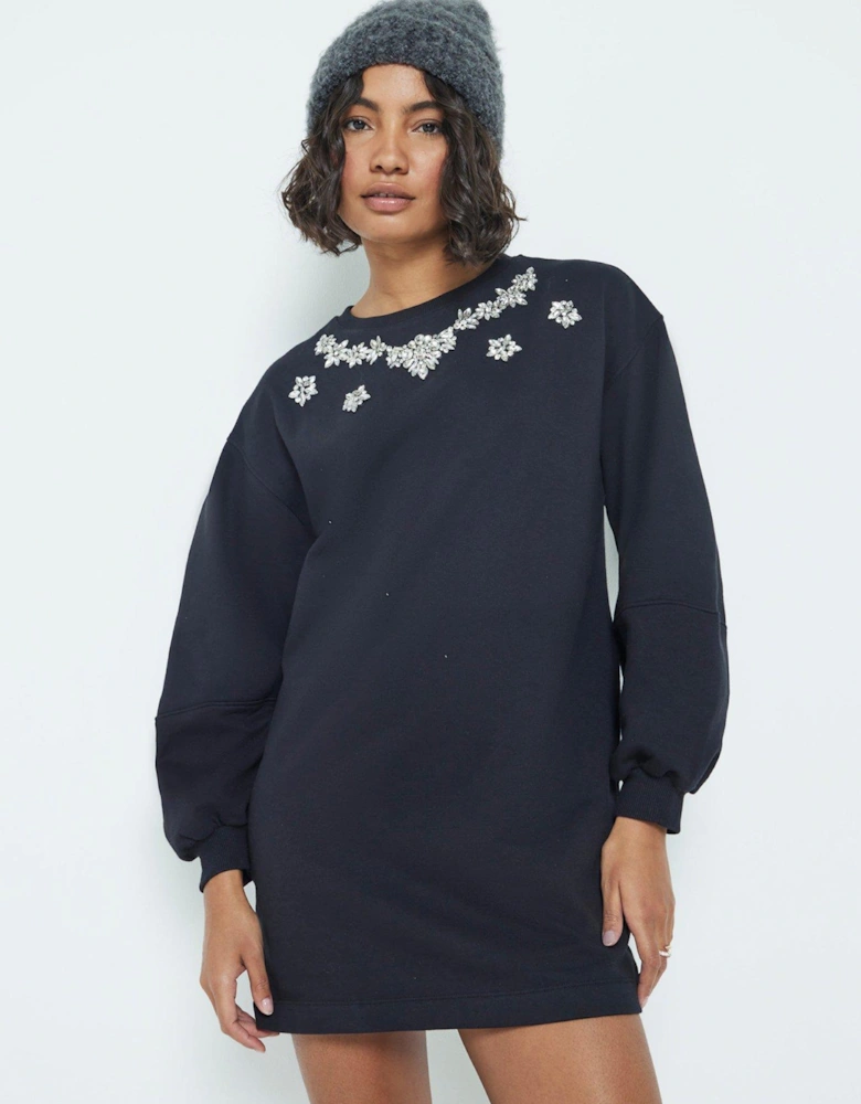 Necklace Trim Sweat Dress - Black