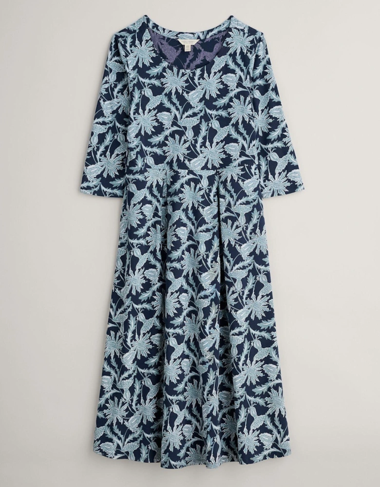 Floral Midi Waisted Dress - Navy