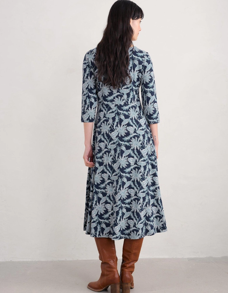 Floral Midi Waisted Dress - Navy