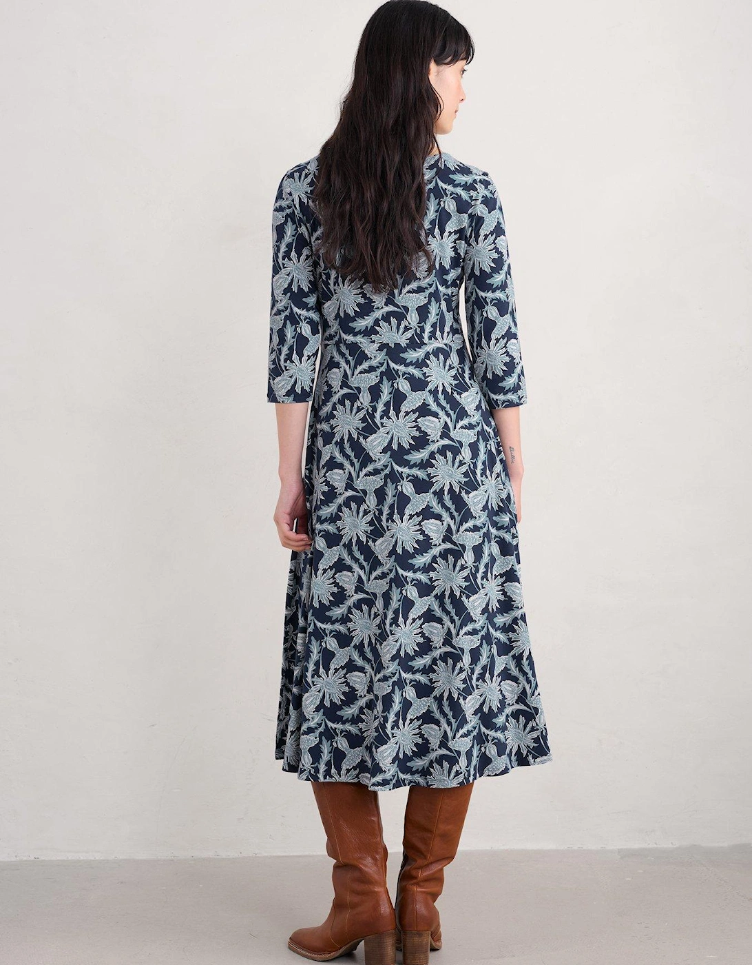 Floral Midi Waisted Dress - Navy