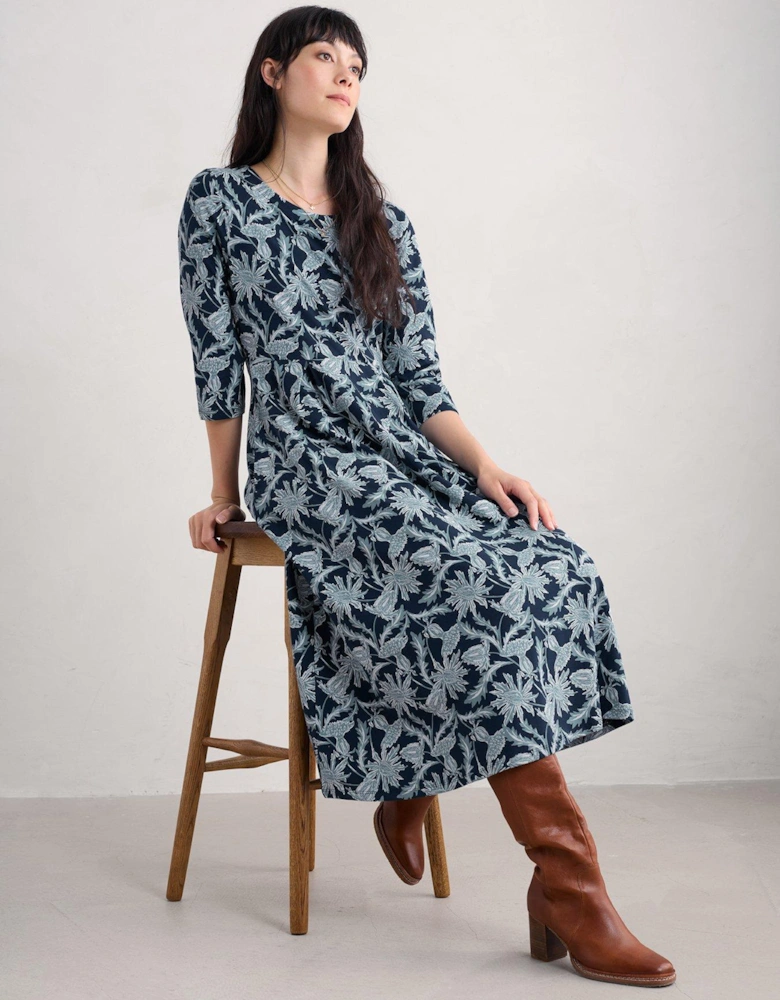 Floral Midi Waisted Dress - Navy