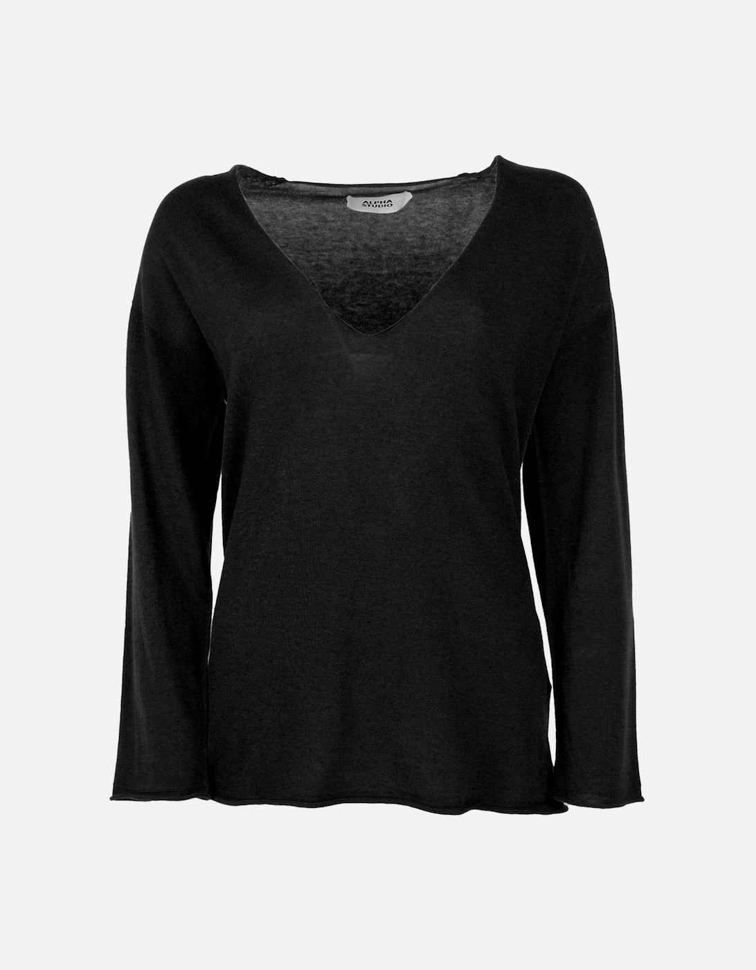 Cotton V-neck Sweater with Cuffs and Gathered Hem Women - Black, 3 of 2