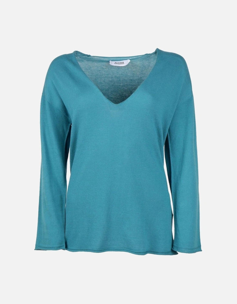 Cotton V-Neck Sweater with Cuffs and Gathered Hem Women - Green