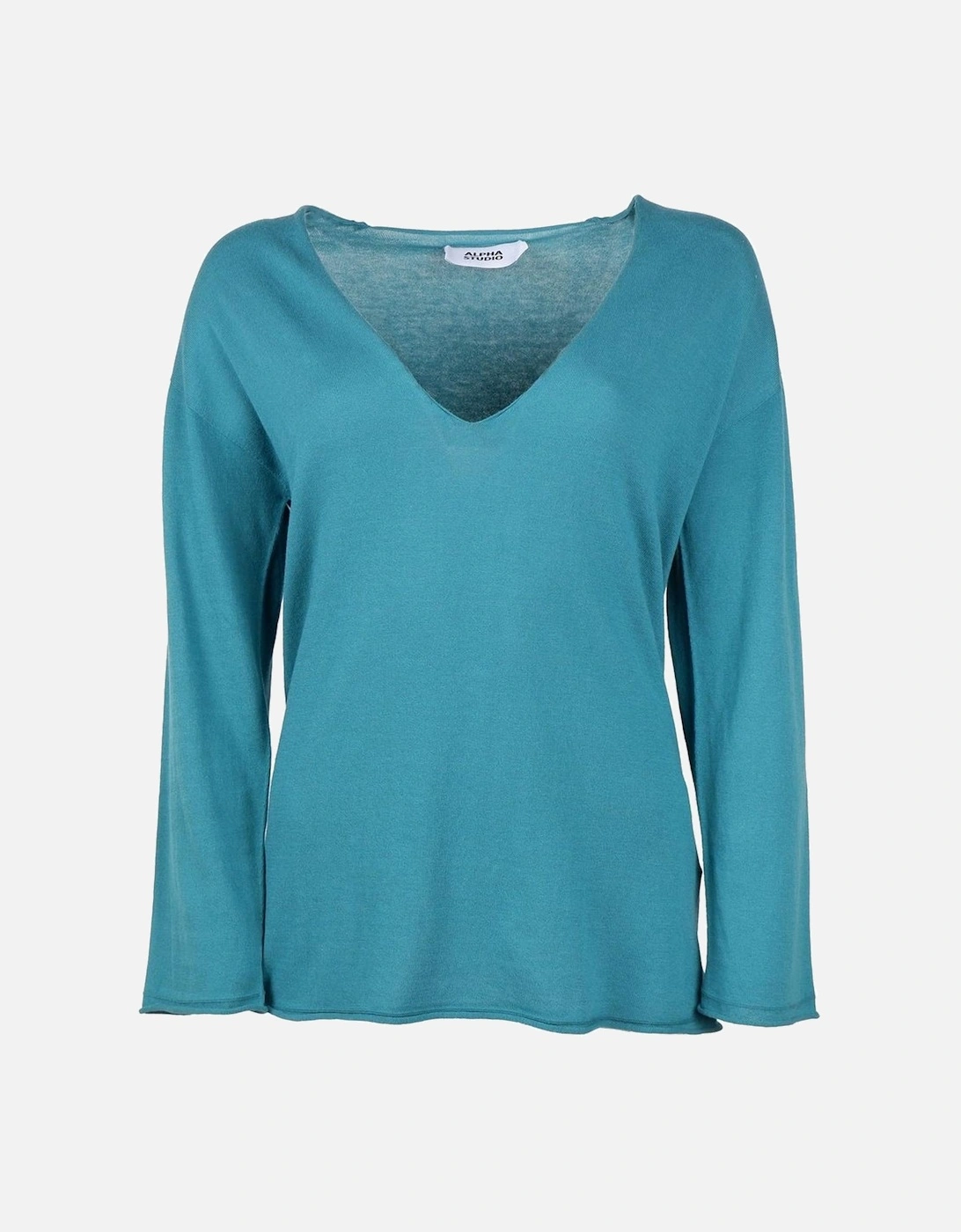 Cotton V-Neck Sweater with Cuffs and Gathered Hem Women - Green, 3 of 2