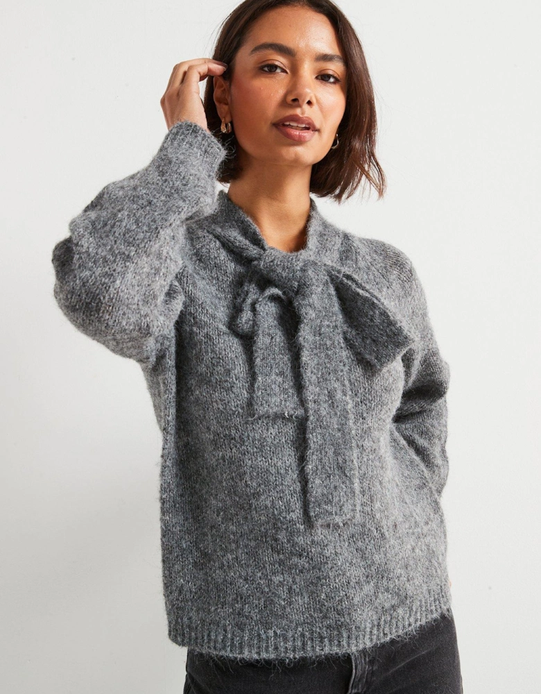 Zoey Long Sleeve Bow Knitted Pullover - Grey