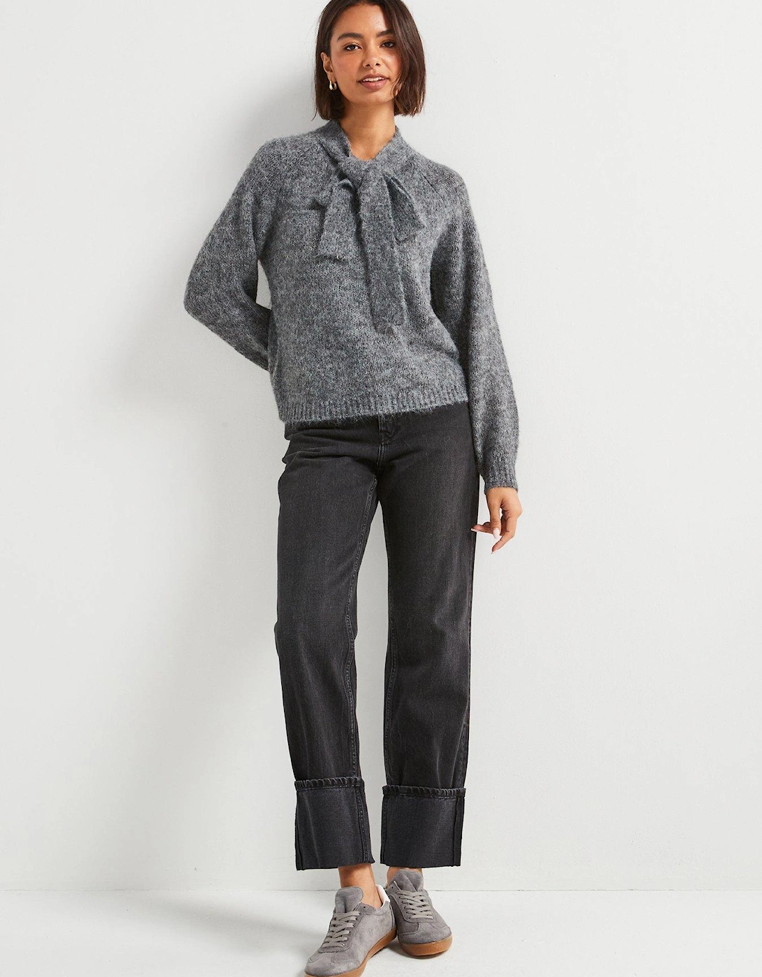 Zoey Long Sleeve Bow Knitted Pullover - Grey