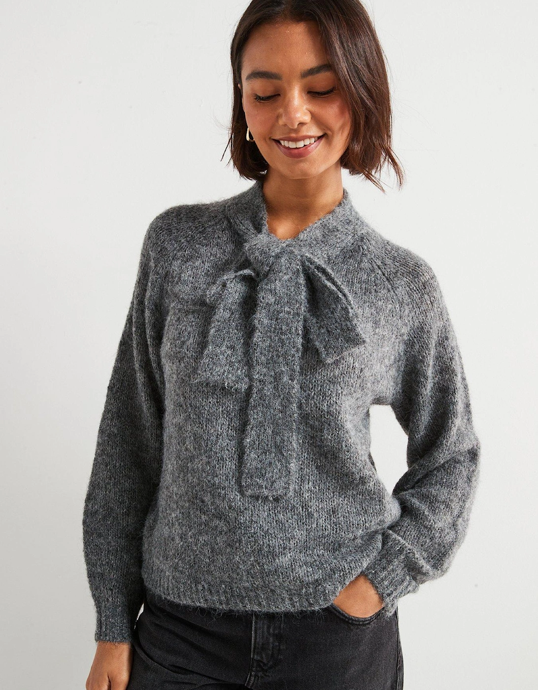 Zoey Long Sleeve Bow Knitted Pullover - Grey