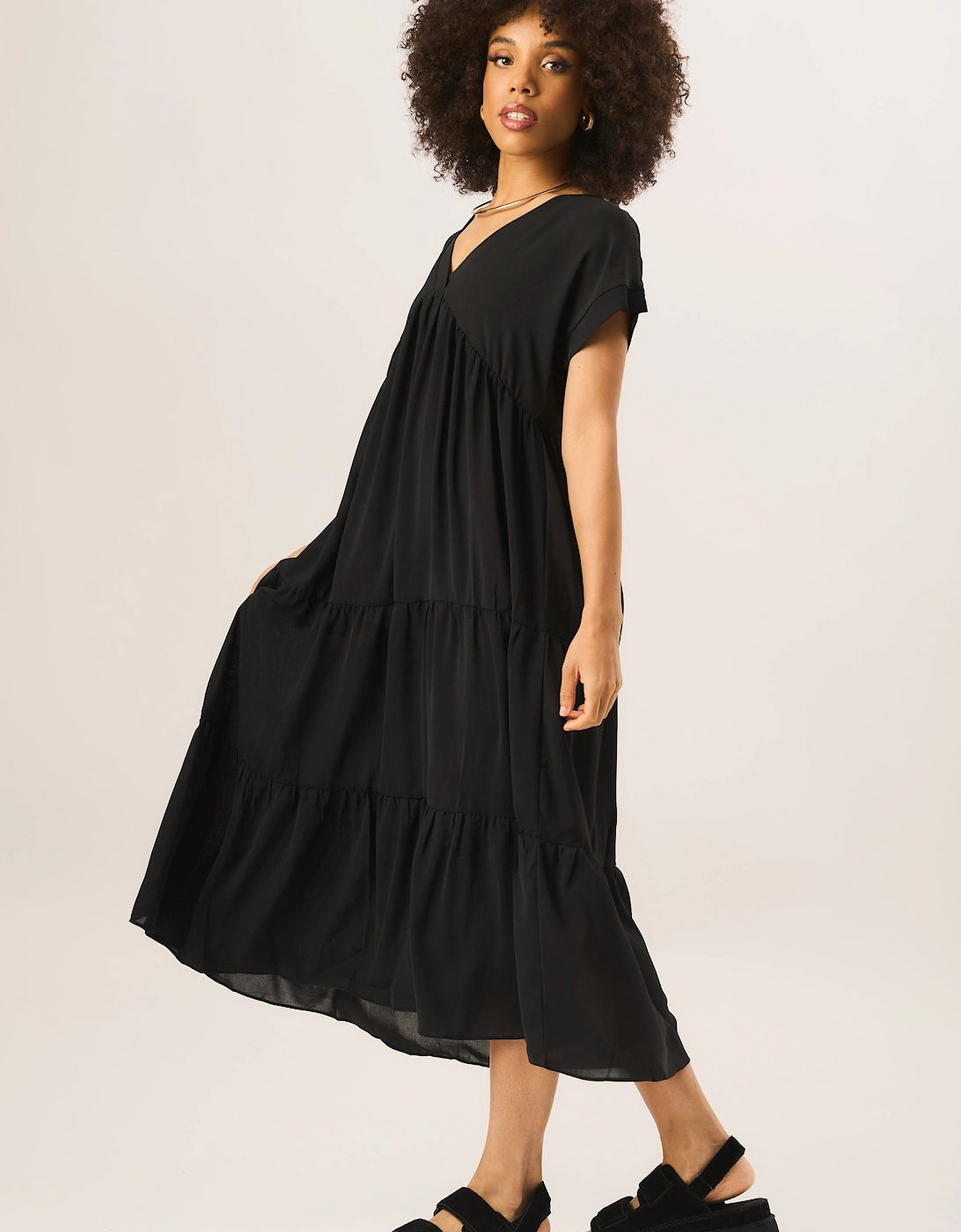 Black V Neck Tiered Midi Smock Dress