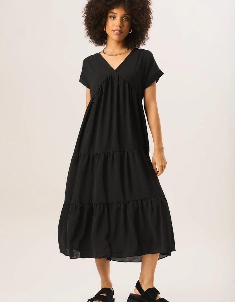 Black V Neck Tiered Midi Smock Dress