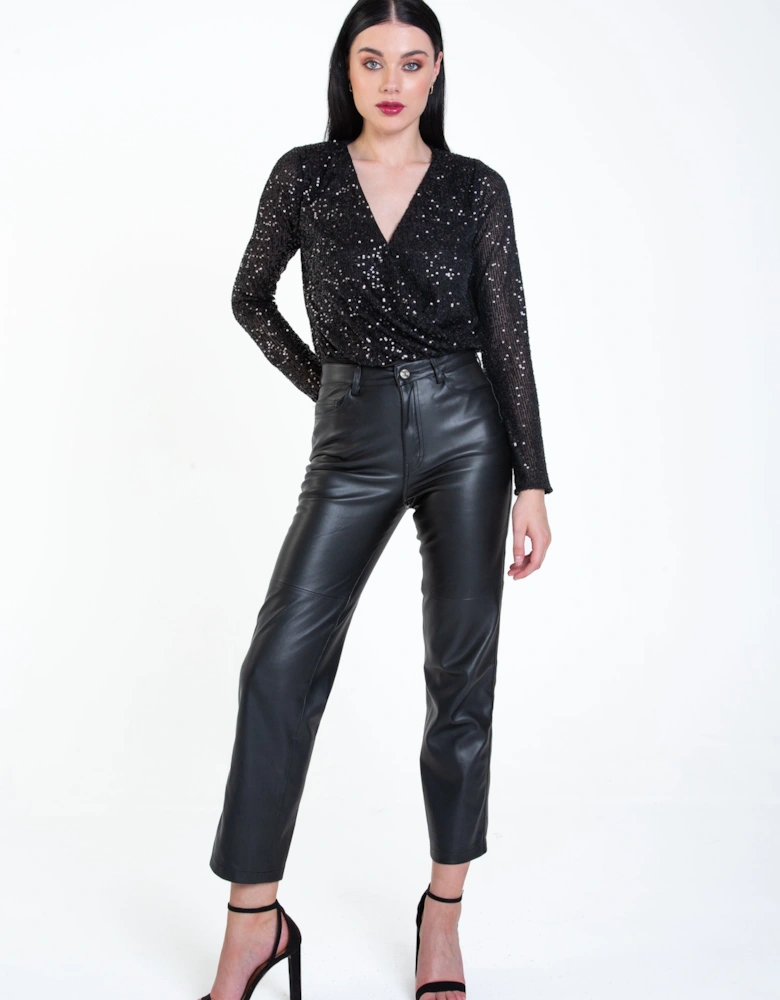 Black Sequin Wrap Long Sleeves Bodysuit