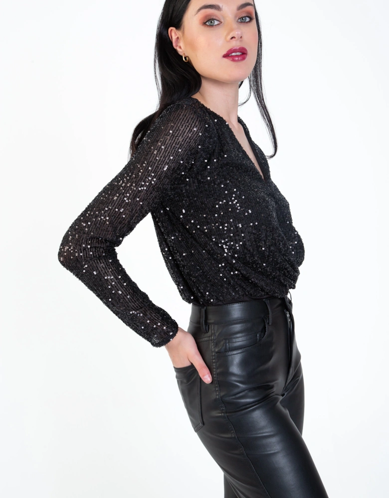 Black Sequin Wrap Long Sleeves Bodysuit