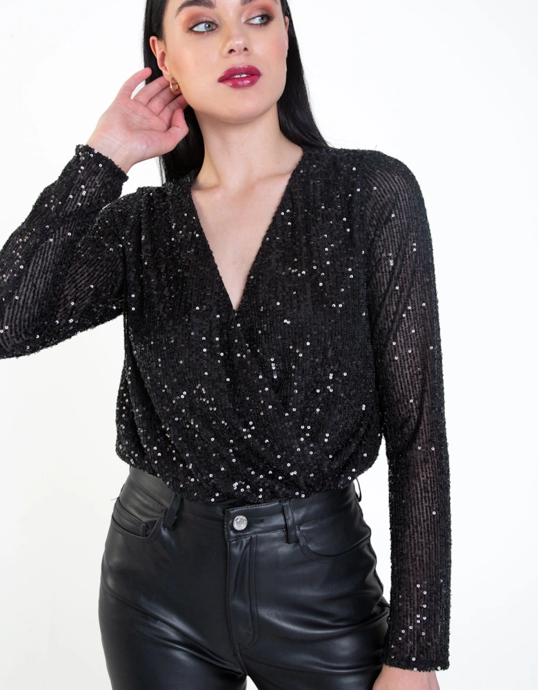 Black Sequin Wrap Long Sleeves Bodysuit
