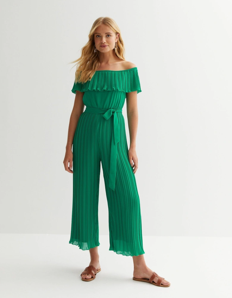 Green Pleated Bardot Ruffle Culotte Jumpsuit