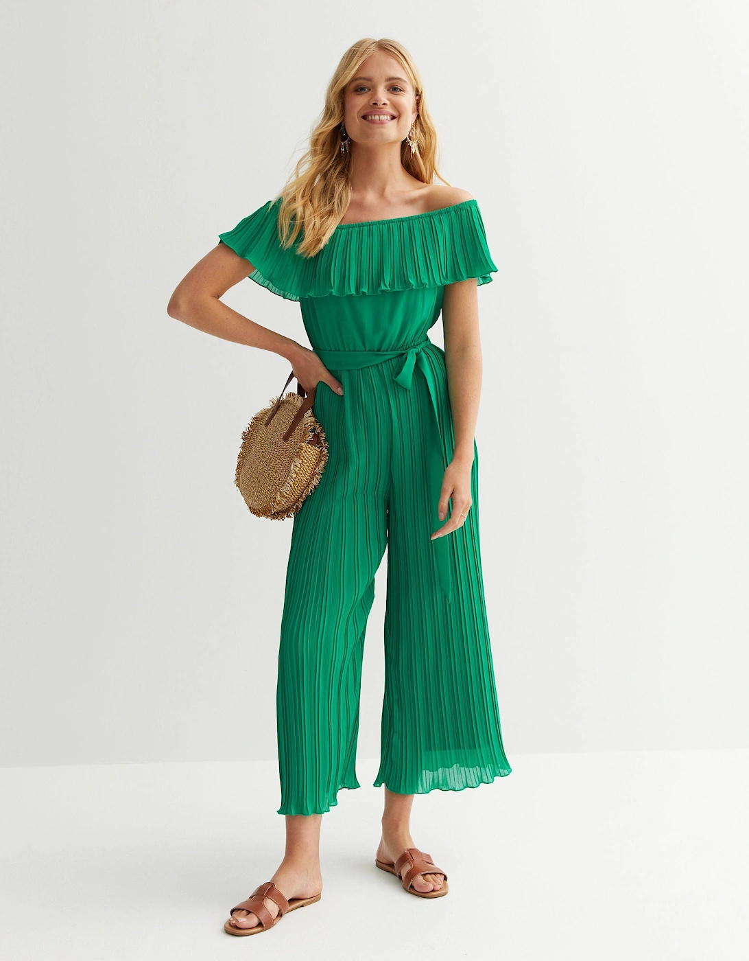 Green Pleated Bardot Ruffle Culotte Jumpsuit