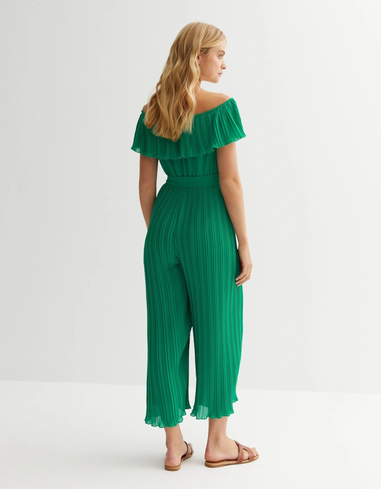 Green Pleated Bardot Ruffle Culotte Jumpsuit