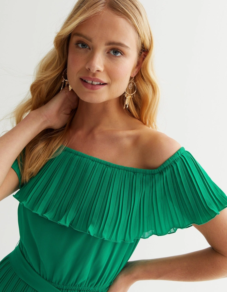 Green Pleated Bardot Ruffle Culotte Jumpsuit