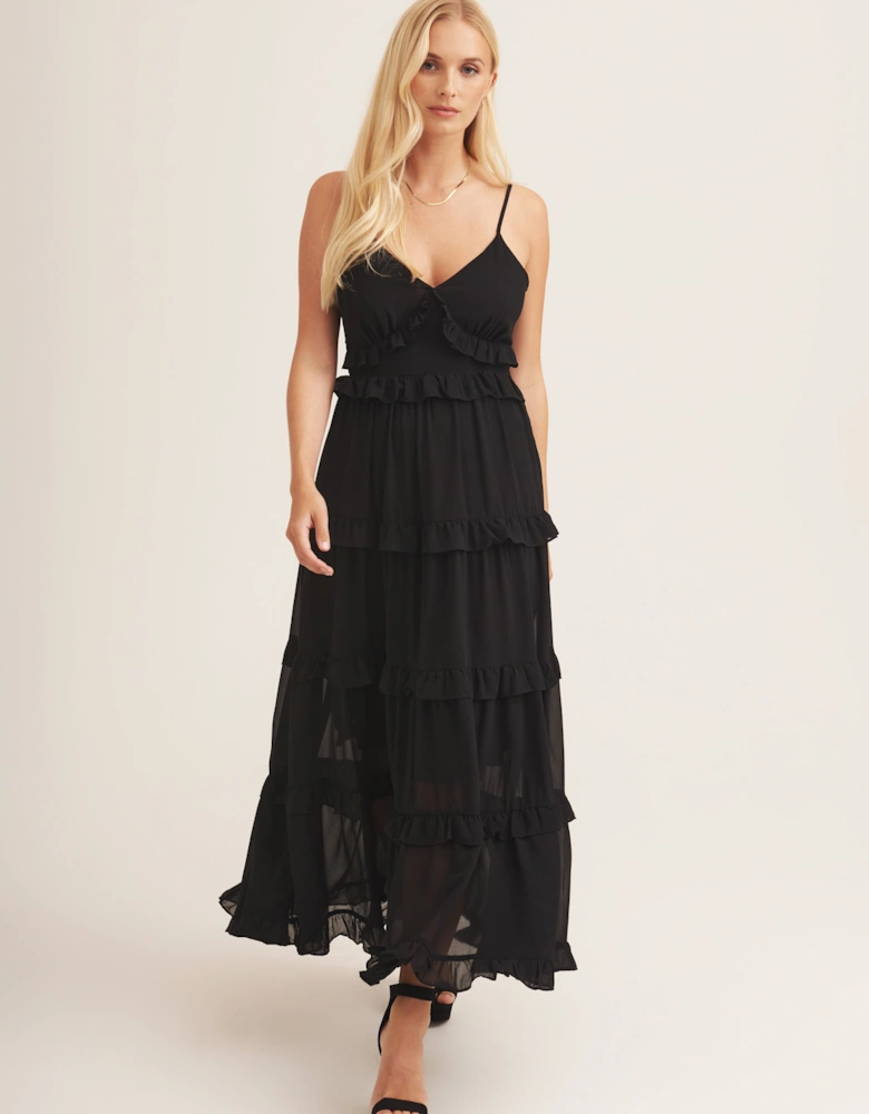 Black Frill Tiered Midaxi Dress