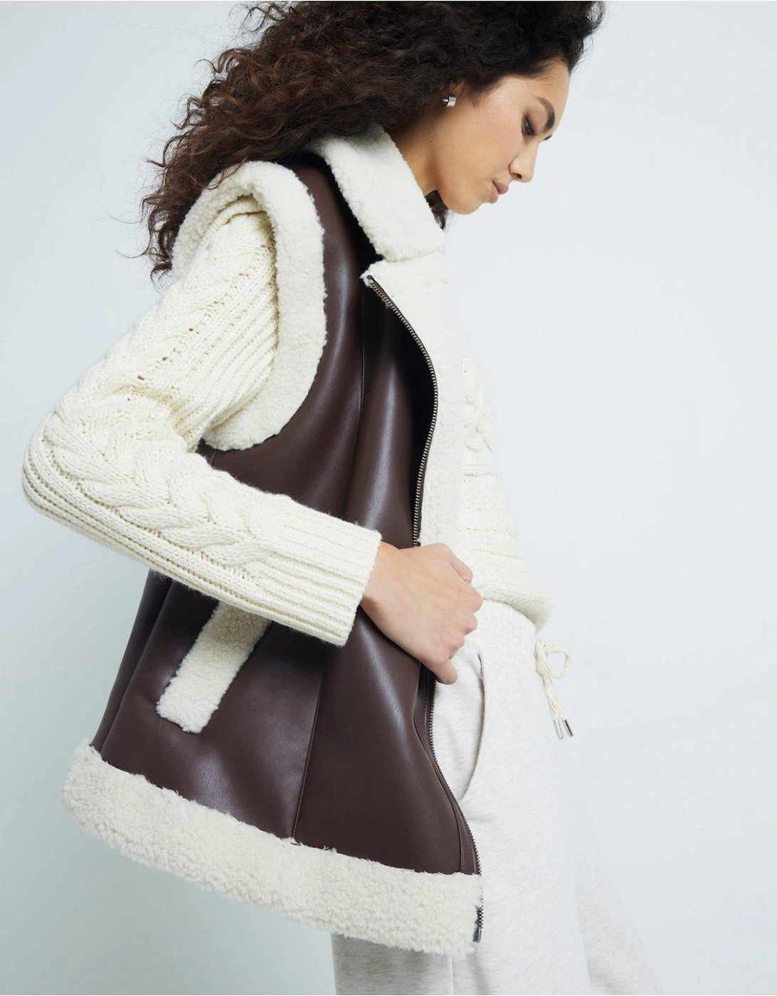 Shearling Mix Pu Gilet - Dark Brown