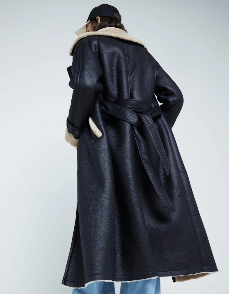 Shearling Belted Trench - Black