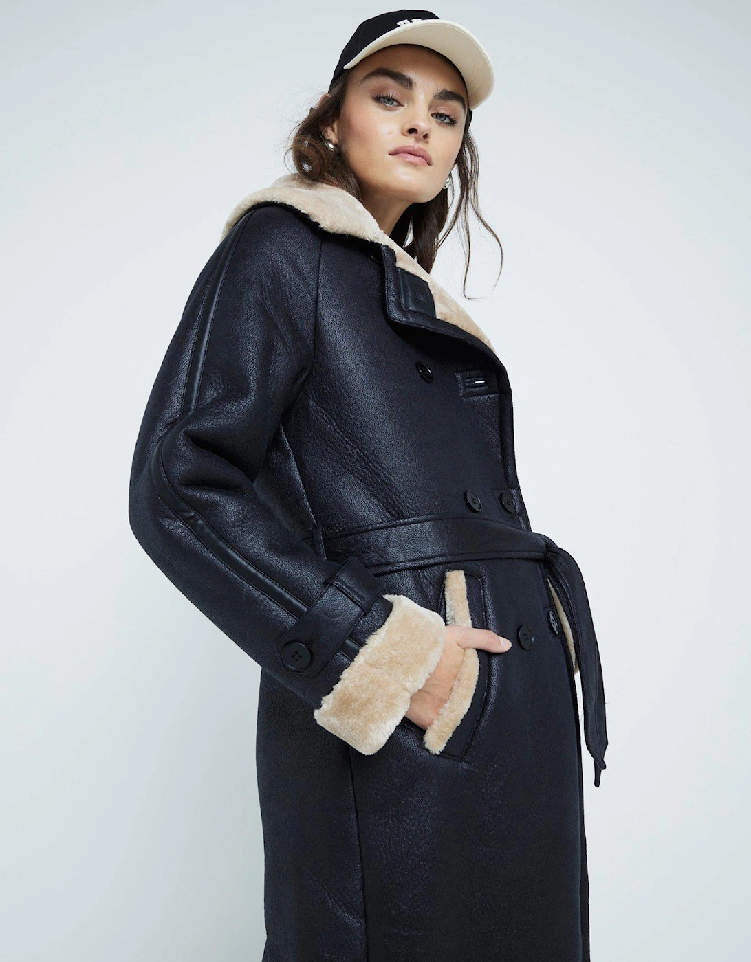 Shearling Belted Trench - Black