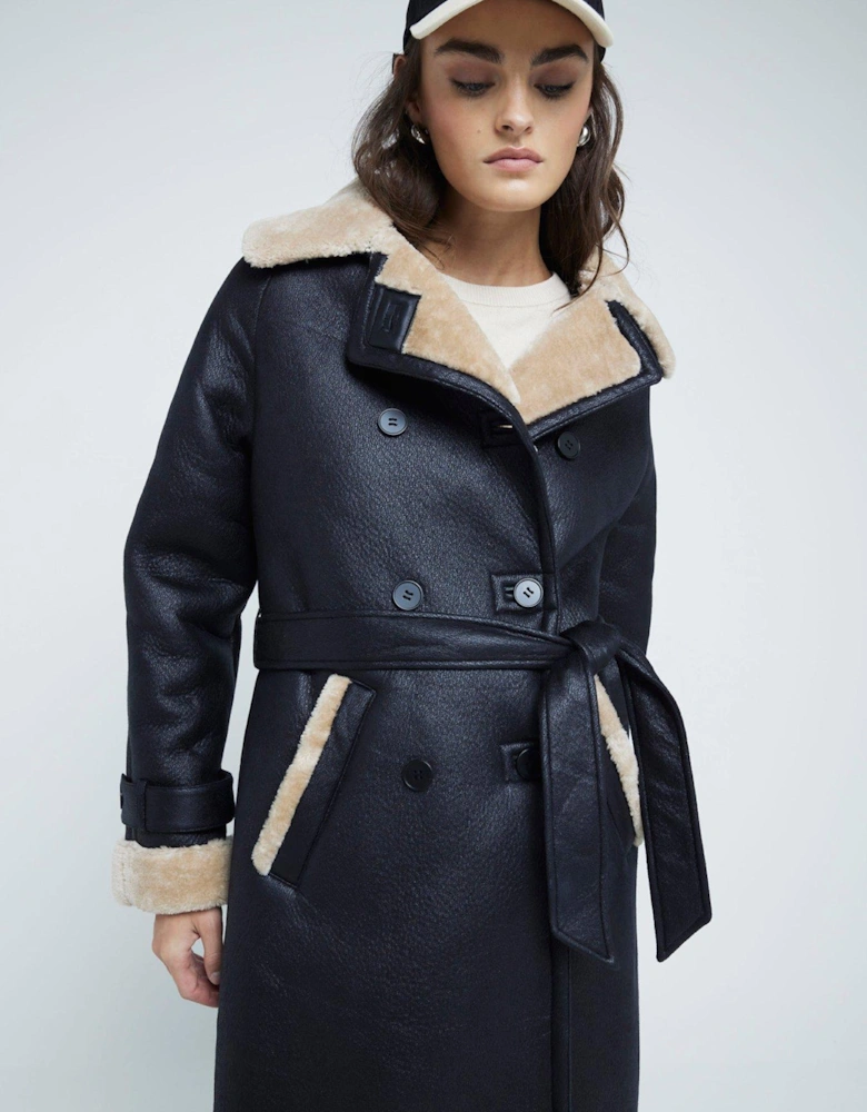 Shearling Belted Trench - Black