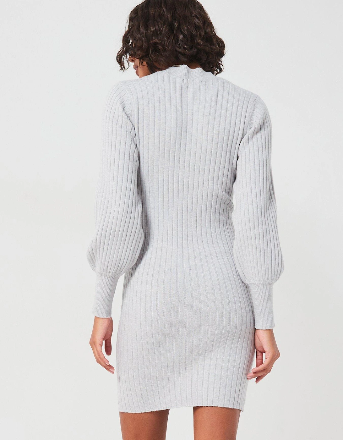 Volume Sleeve Knitted Mini Dress - Grey