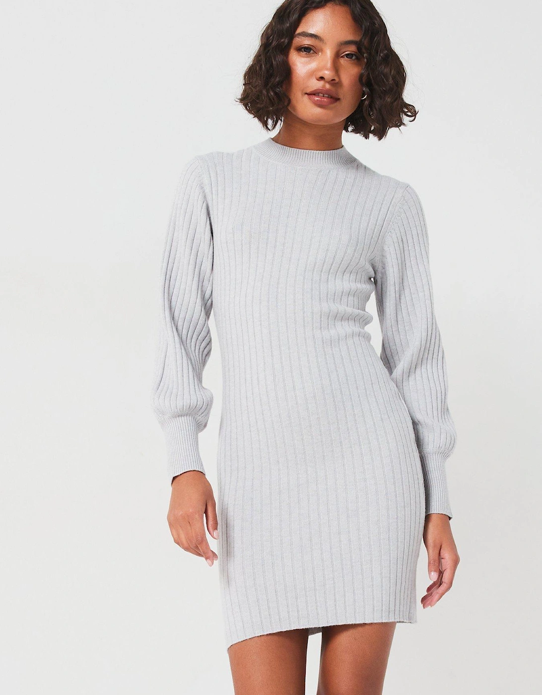 Volume Sleeve Knitted Mini Dress - Grey