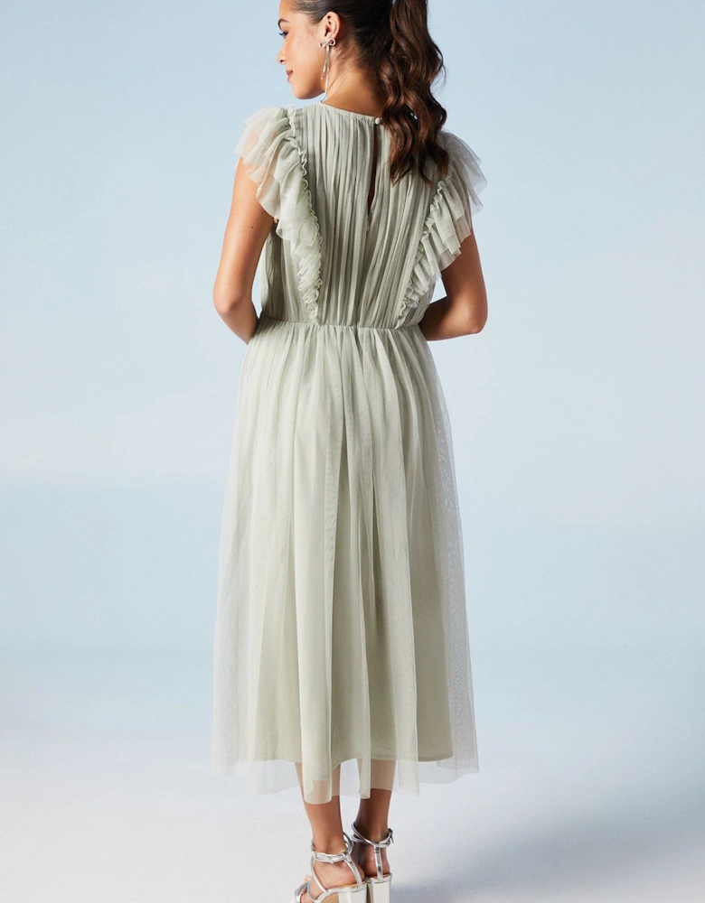 Ruffle Shoulder Mesh Bridesmaid Midi Dress