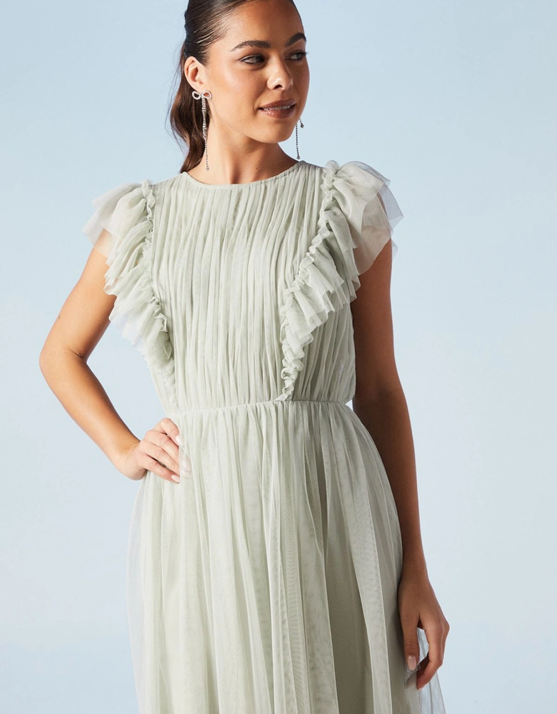 Ruffle Shoulder Mesh Bridesmaid Midi Dress