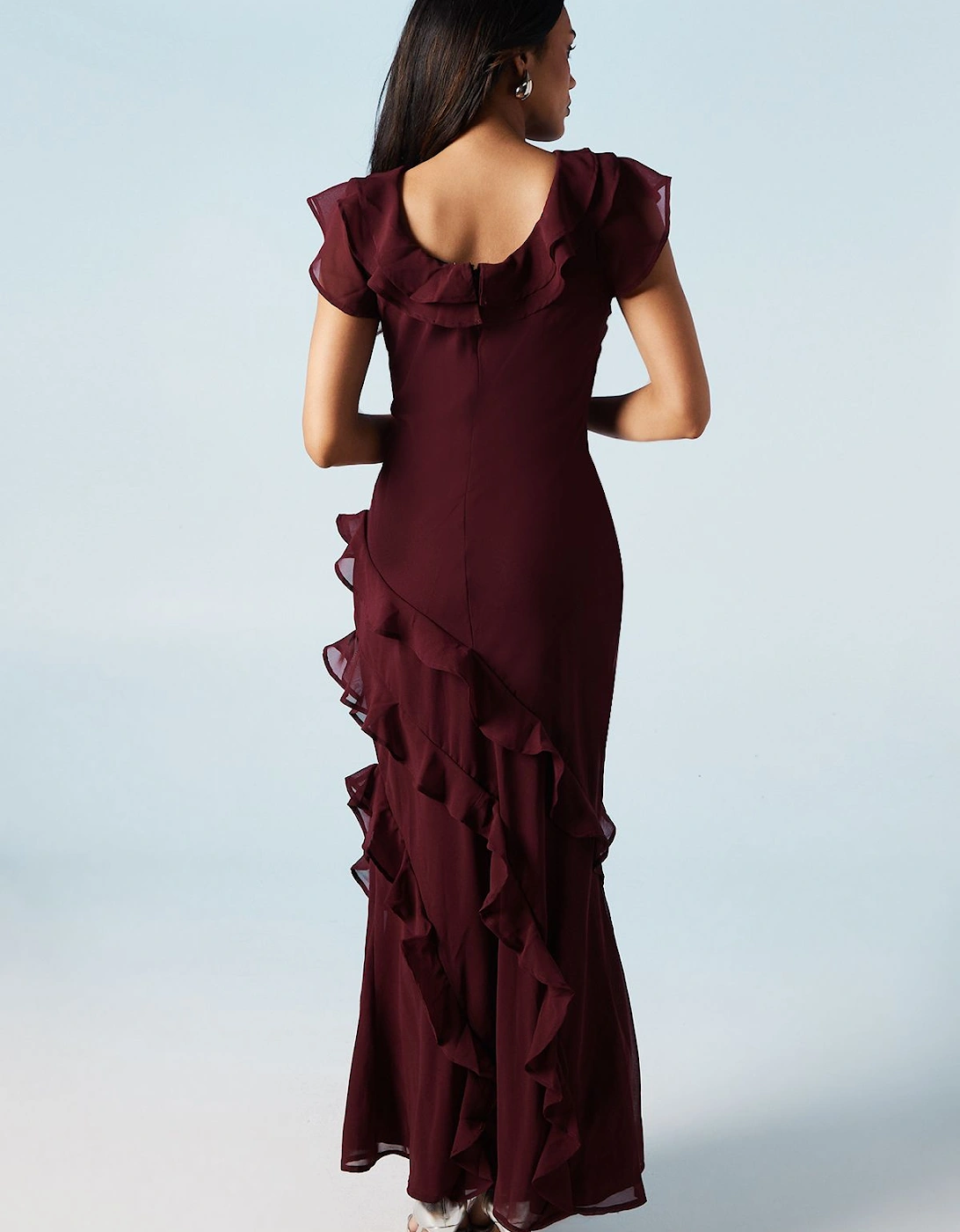 Ruffle Angel Sleeve Chiffon Bridesmaid Maxi Dress