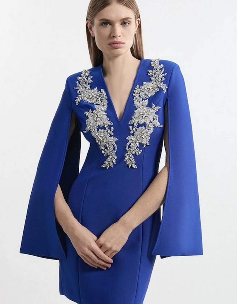 Bandage Form Fitting Cape Sleeve Embellished Mini Dress