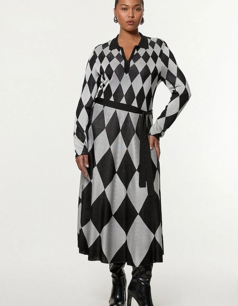 Plus Size Slinky Knit Mono Jacquard Belted Maxi Dress