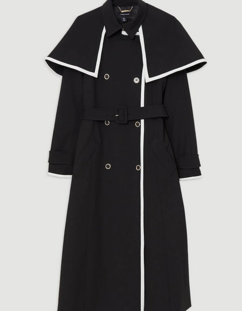 Tailored Contrast Tip Detail Cape Trench Midi Coat