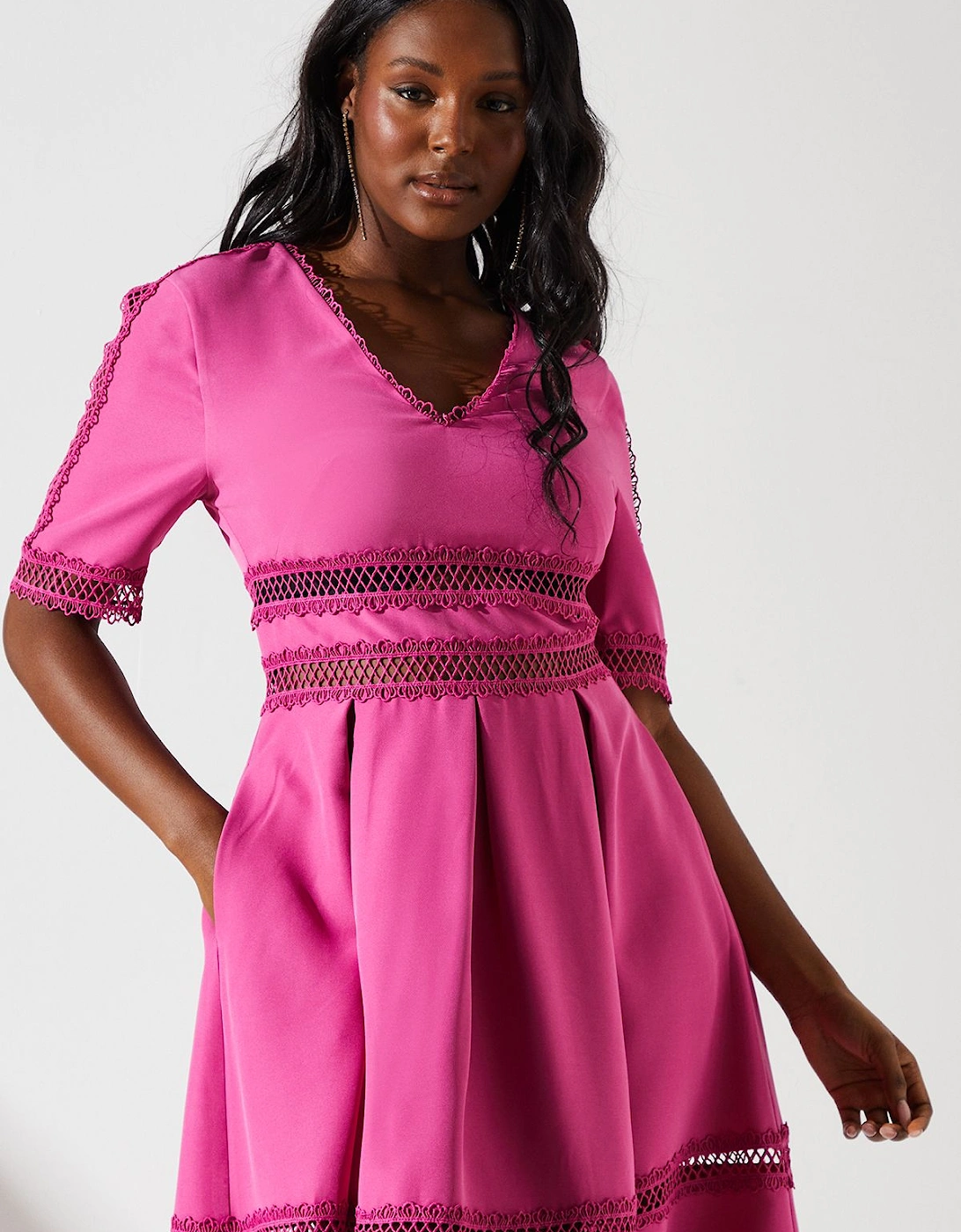 Crochet Insert Crepe V Neck Midi Dress